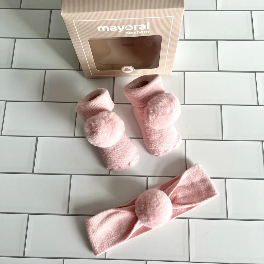 3M💗 Mayoral Pink Pom Pom Baby Sock Booties and Headband Set Organic Cotton Set